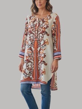 Figueroa & Flower Floral Bohemian Baroque Striped Mixed Media Popover Tunic M